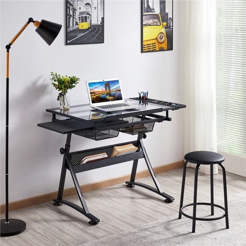 Table à Dessin Inclinable Avec Tabouret, Rallonge Rétractable Et Étagère De Rangement, Noir