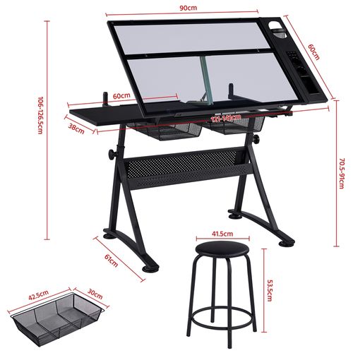 Table à Dessin Inclinable Avec Tabouret, Rallonge Rétractable Et Étagère De Rangement, Noir
