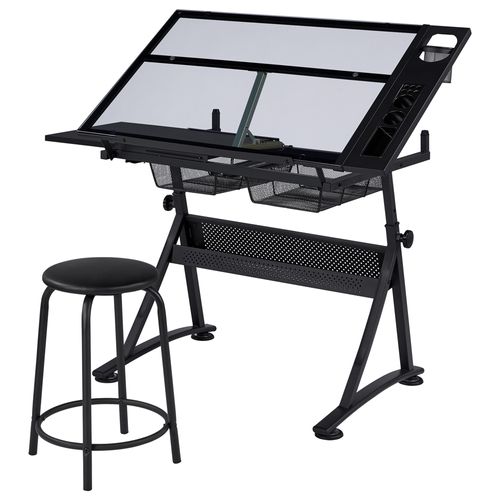 Table à Dessin Inclinable Avec Tabouret, Rallonge Rétractable Et Étagère De Rangement, Noir