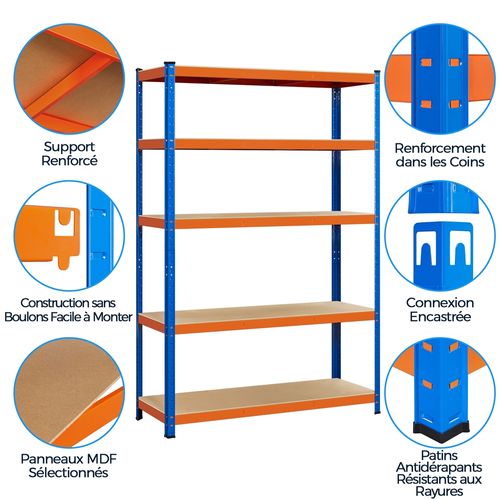 Étagère De Rangement 180 x 120 x 45cm à 5 Niveaux Réglable Cadre en Métal, Orange/bleu