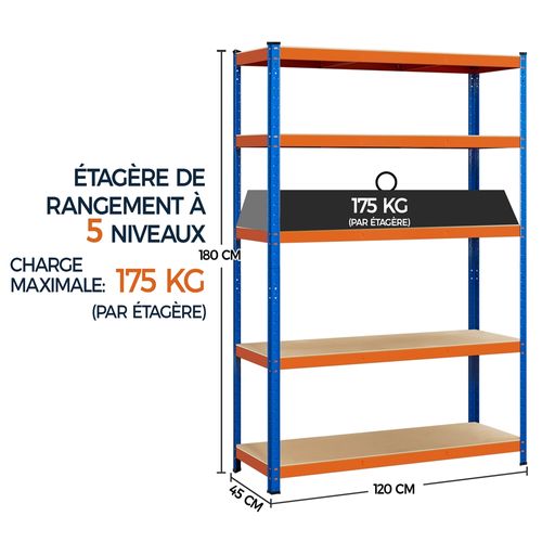 Étagère De Rangement 180 x 120 x 45cm à 5 Niveaux Réglable Cadre en Métal, Orange/bleu