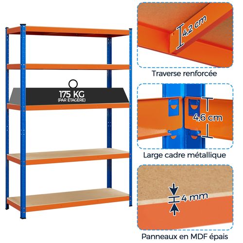 Étagère De Rangement 180 x 120 x 45cm à 5 Niveaux Réglable Cadre en Métal, Orange/bleu