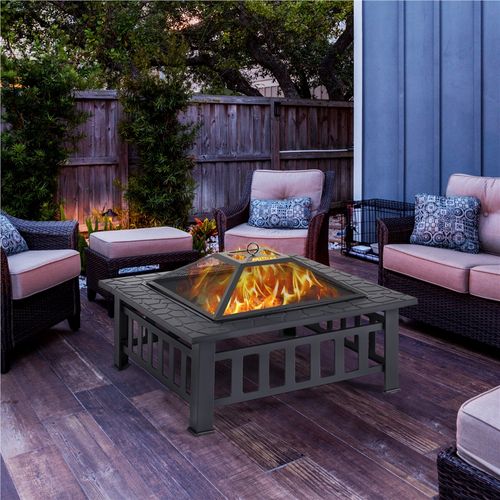 Brasero Extérieur Carré Poêle à Bois De Jardin En Métal Avec Couverture Et Poker, Noir