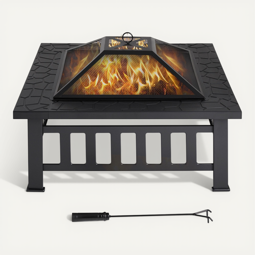 Brasero Extérieur Carré Poêle à Bois De Jardin En Métal Avec Couverture Et Poker, Noir