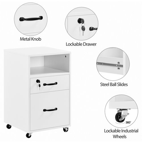 Caisson De Bureau à Roulettes En Bois Avec 2 Tiroirs Et 1 Compartiment En Bois, Blanc
