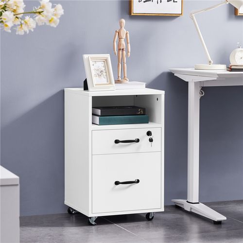 Caisson De Bureau à Roulettes En Bois Avec 2 Tiroirs Et 1 Compartiment En Bois, Blanc