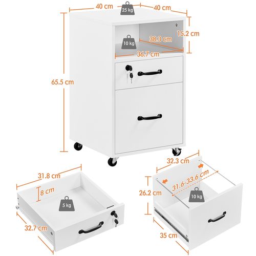 Caisson De Bureau à Roulettes En Bois Avec 2 Tiroirs Et 1 Compartiment En Bois, Blanc