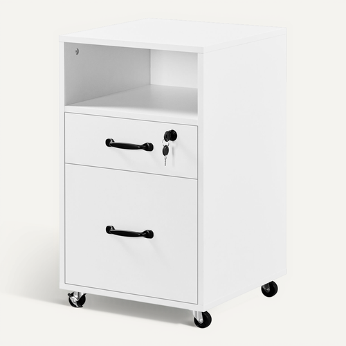 Caisson De Bureau à Roulettes En Bois Avec 2 Tiroirs Et 1 Compartiment En Bois, Blanc