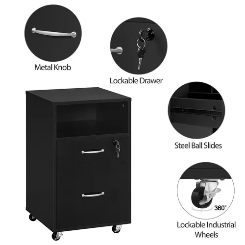 Caisson De Bureau à Roulettes En Bois Avec 2 Tiroirs Et 1 Compartiment En Bois, Noir