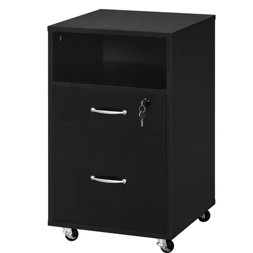 Caisson De Bureau à Roulettes En Bois Avec 2 Tiroirs Et 1 Compartiment En Bois, Noir