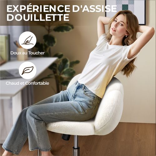 Chaise De Bureau En Tissu Bouclette Avec Dossier Rebondi Et Assise Réglable En Hauteur, Blanc