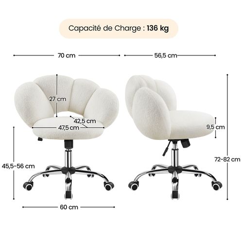 Chaise De Bureau En Tissu Bouclette Avec Dossier Rebondi Et Assise Réglable En Hauteur, Blanc