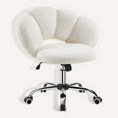 Chaise De Bureau En Tissu Bouclette Avec Dossier Rebondi Et Assise Réglable En Hauteur, Blanc