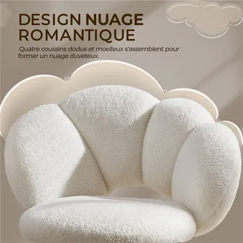 Chaise De Bureau En Tissu Bouclette Avec Dossier Rebondi Et Assise Réglable En Hauteur, Blanc