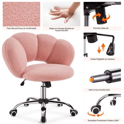 Chaise De Bureau En Tissu Bouclette Avec Dossier Rebondi Et Assise Réglable En Hauteur, Rose