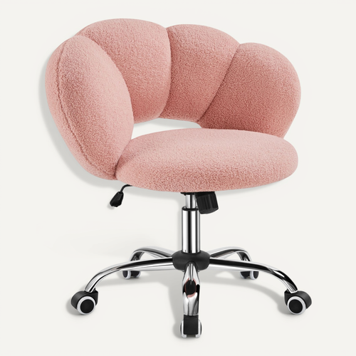 Chaise De Bureau En Tissu Bouclette Avec Dossier Rebondi Et Assise Réglable En Hauteur, Rose