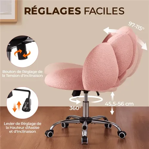 Chaise De Bureau En Tissu Bouclette Avec Dossier Rebondi Et Assise Réglable En Hauteur, Rose