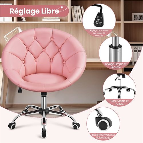Chaise De Bureau En Similicuir Réglable En Hauteur Avec Roulettes Et Dossier Arrondi, Rose