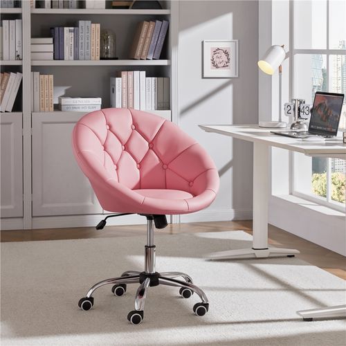 Chaise De Bureau En Similicuir Réglable En Hauteur Avec Roulettes Et Dossier Arrondi, Rose