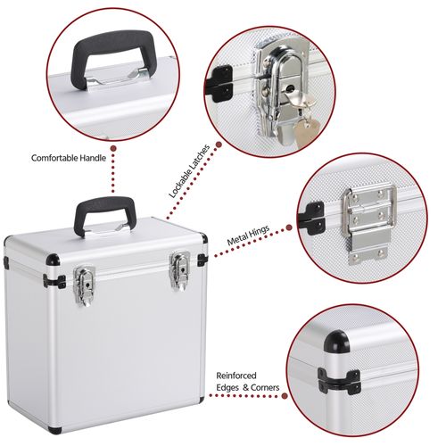 Mallette De Rangement Pour Disques Vinyles De 33 Tours Valise Avec Fermeture à Clé, Argent
