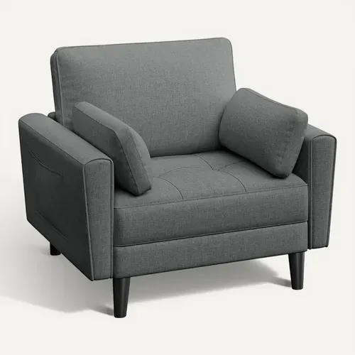 Fauteuil De Salon En Tissu Effet Lin Avec 2 Coussins Et Poches De Rangement, Gris Foncé