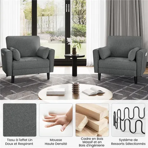 Fauteuil De Salon En Tissu Effet Lin Avec 2 Coussins Et Poches De Rangement, Gris Foncé