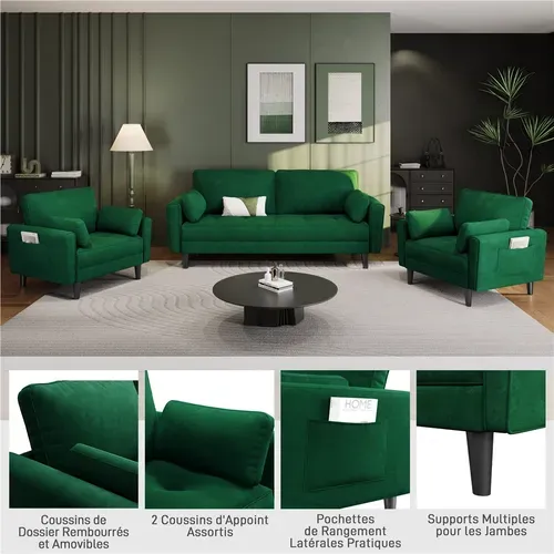 Fauteuil De Salon En Tissu Effet Lin Avec 2 Coussins Et Poches De Rangement, Vert