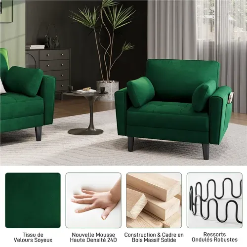 Fauteuil De Salon En Tissu Effet Lin Avec 2 Coussins Et Poches De Rangement, Vert