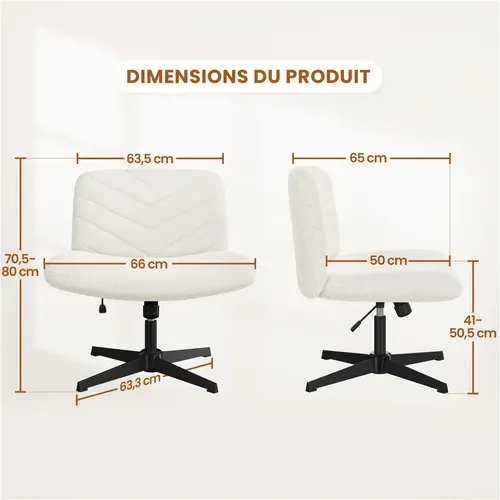 Chaise De Bureau Pivotante En Tissu Bouclette Chaise Sans Accoudoirs à Pied Croisé, Ivoire
