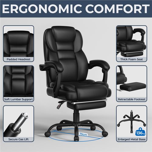 Chaise De Bureau En Similicuir Avec Haut Dossier Inclinable, Assise Réglable En Hauteur, Noir