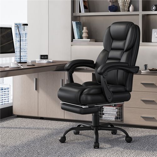 Chaise De Bureau En Similicuir Avec Haut Dossier Inclinable, Assise Réglable En Hauteur, Noir