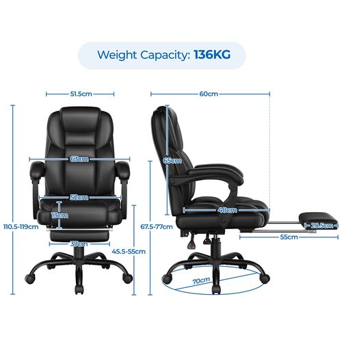 Chaise De Bureau En Similicuir Avec Haut Dossier Inclinable, Assise Réglable En Hauteur, Noir