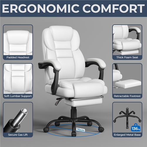 Chaise De Bureau En Similicuir Avec Haut Dossier Inclinable, Assise Réglable En Hauteur, Blanc
