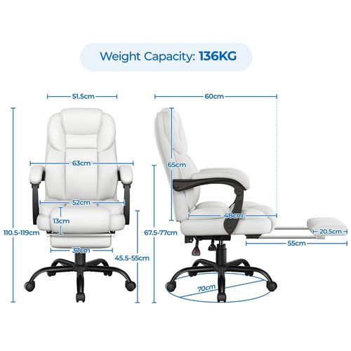 Chaise De Bureau En Similicuir Avec Haut Dossier Inclinable, Assise Réglable En Hauteur, Blanc