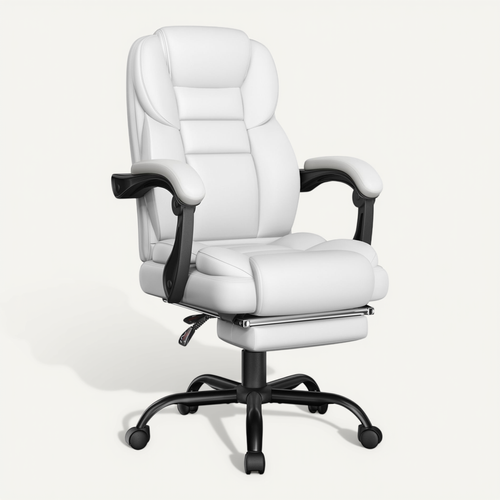 Chaise De Bureau En Similicuir Avec Haut Dossier Inclinable, Assise Réglable En Hauteur, Blanc