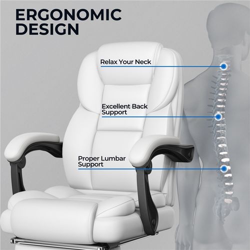 Chaise De Bureau En Similicuir Avec Haut Dossier Inclinable, Assise Réglable En Hauteur, Blanc