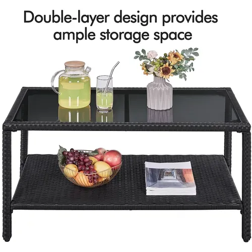 Table Basse De Jardin Avec Plateau En Verre Trempé Et Étagère De Rangement, Gris