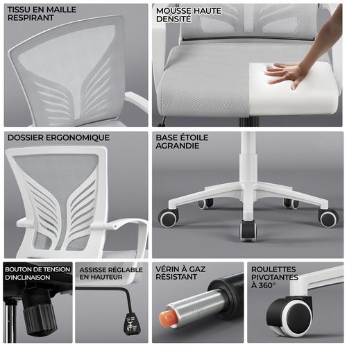 Chaise De Bureau En Maille Mesh Avec Papillon Siège Inclinable Réglable En Hauteur, Gris Clair