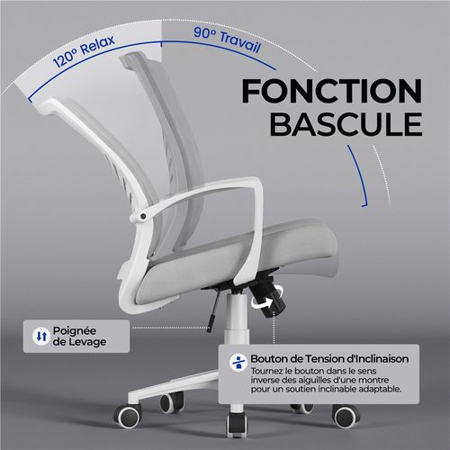 Chaise De Bureau En Maille Mesh Avec Papillon Siège Inclinable Réglable En Hauteur, Gris Clair