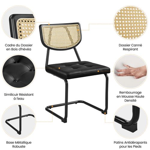 Lot De 2 Chaises De Salle à Manger Avec Dossier En Rotin Tissé Et Assise Capitonnée, Noir