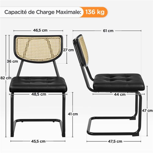 Lot De 2 Chaises De Salle à Manger Avec Dossier En Rotin Tissé Et Assise Capitonnée, Noir