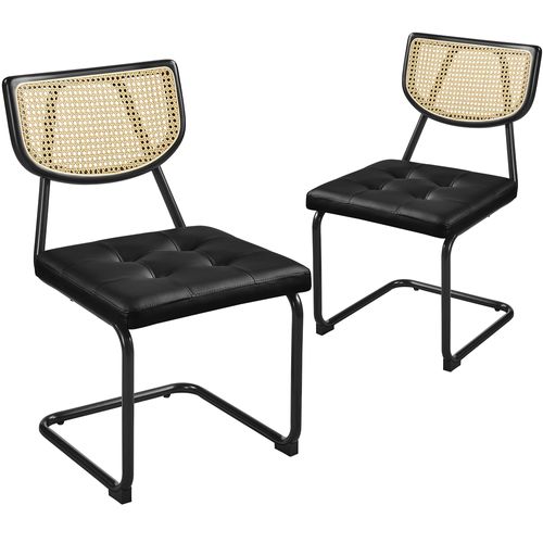 Lot De 2 Chaises De Salle à Manger Avec Dossier En Rotin Tissé Et Assise Capitonnée, Noir