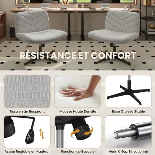 Chaise De Bureau Pivotante En Tissu Effet Lin Aux Pieds Croisés Sans Roulettes, Gris Clair
