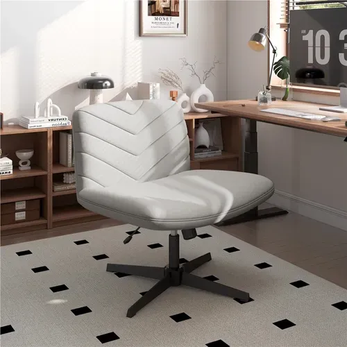 Chaise De Bureau Pivotante En Tissu Effet Lin Aux Pieds Croisés Sans Roulettes, Gris Clair