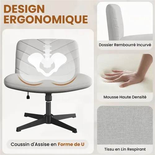 Chaise De Bureau Pivotante En Tissu Effet Lin Aux Pieds Croisés Sans Roulettes, Gris Clair