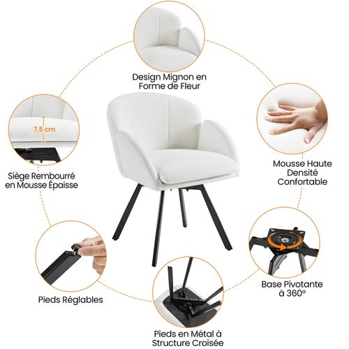 Chaise De Salon Design Fleur En Velours Chenille Rotatif à 360° Avec Coussin Amovible, Blanc