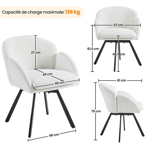 Chaise De Salon Design Fleur En Velours Chenille Rotatif à 360° Avec Coussin Amovible, Blanc