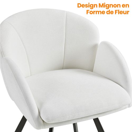 Chaise De Salon Design Fleur En Velours Chenille Rotatif à 360° Avec Coussin Amovible, Blanc
