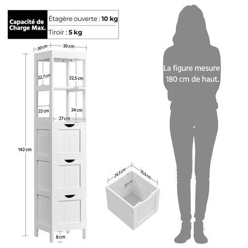 Colonne Salle De Bain En Bois Avec 3 Tiroirs Et 2 Casiers Ouverts 142 Cm De Haut Blanc