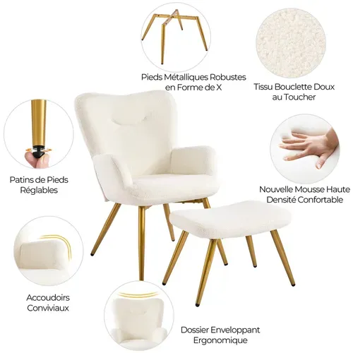 Fauteuil Avec Repose-pieds En Tissu Bouclé Pieds En Métal Dorés Avec Haut Dossier, Ivoire
